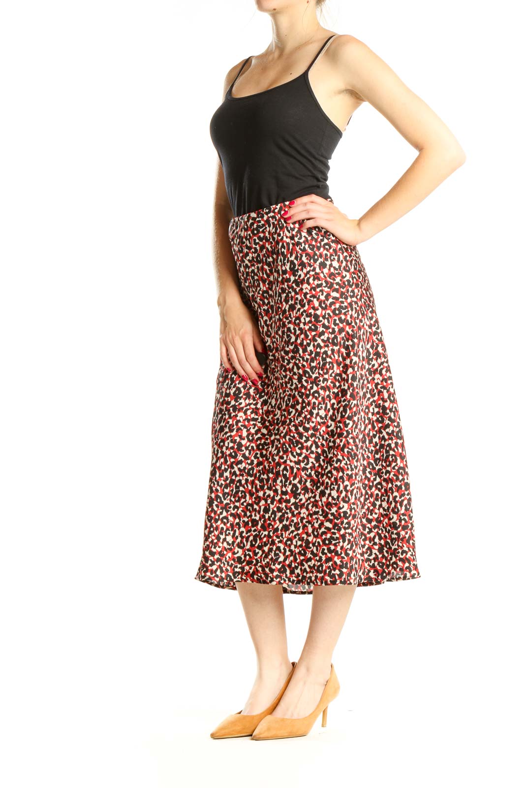 Red Black Animal Print Chic Midi Skirt