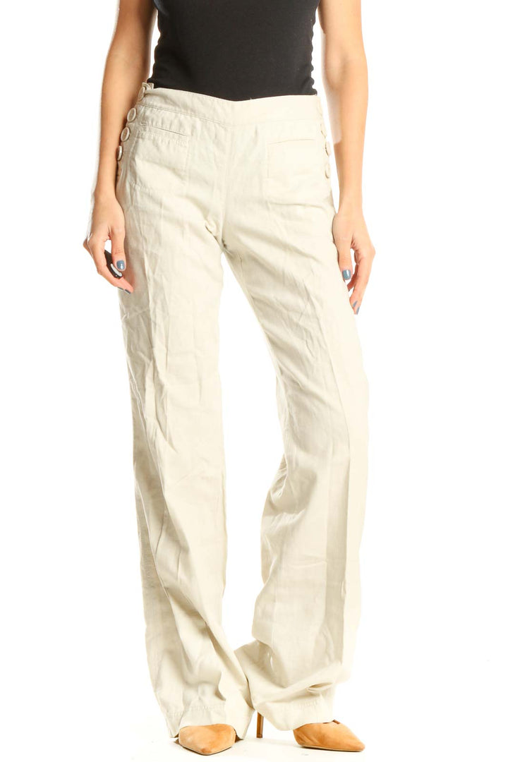 Beige Casual Wide Leg Trousers