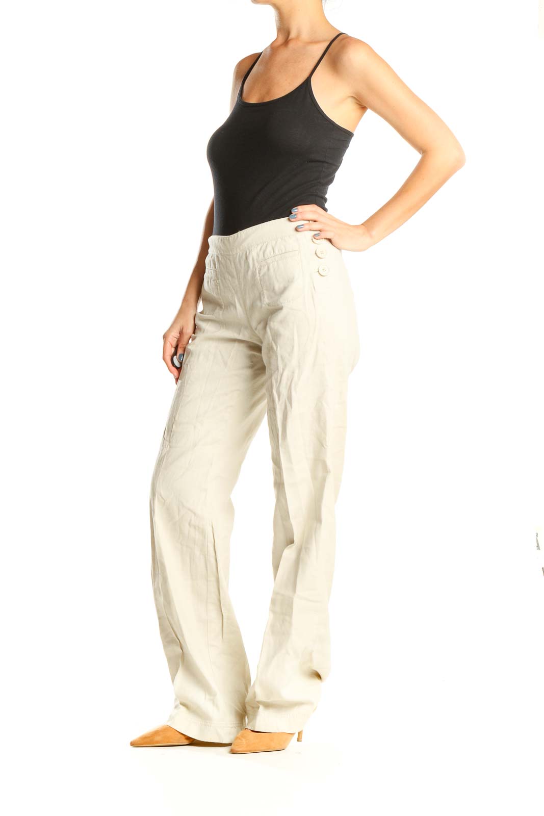 Beige Casual Wide Leg Trousers