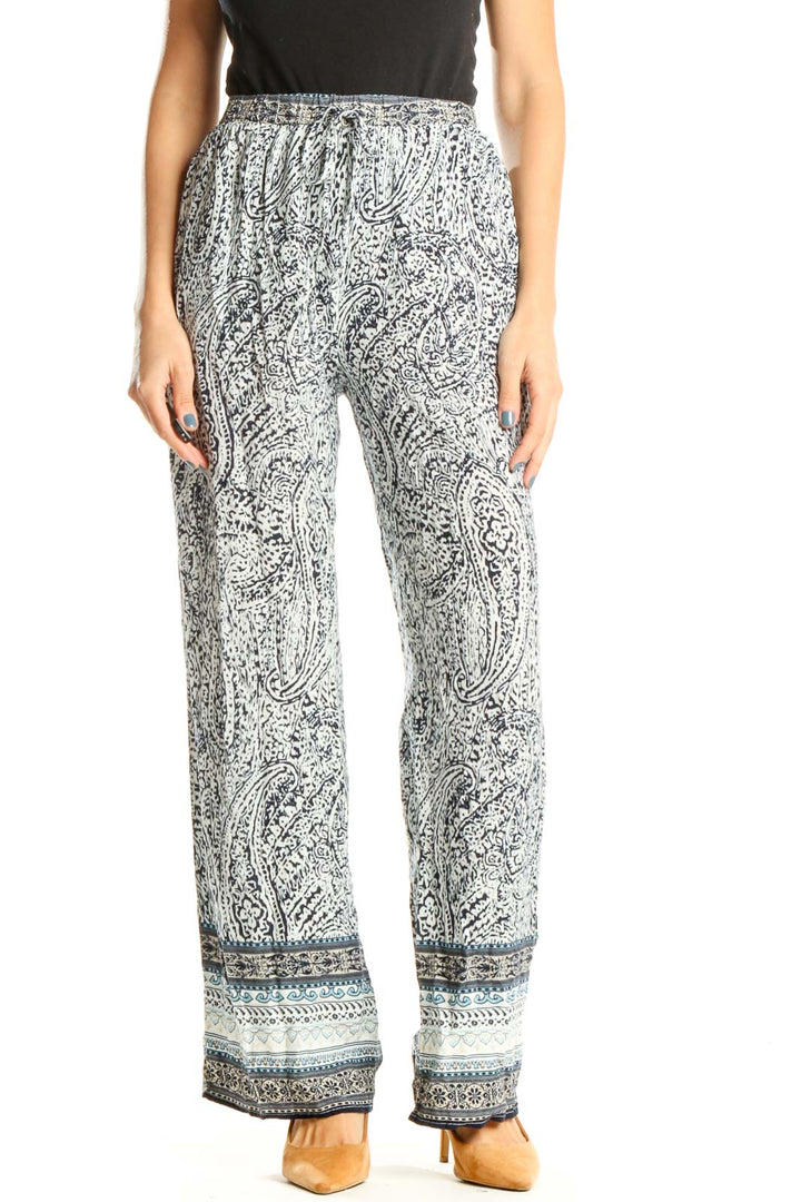 White Blue Paisley Bohemian Pants