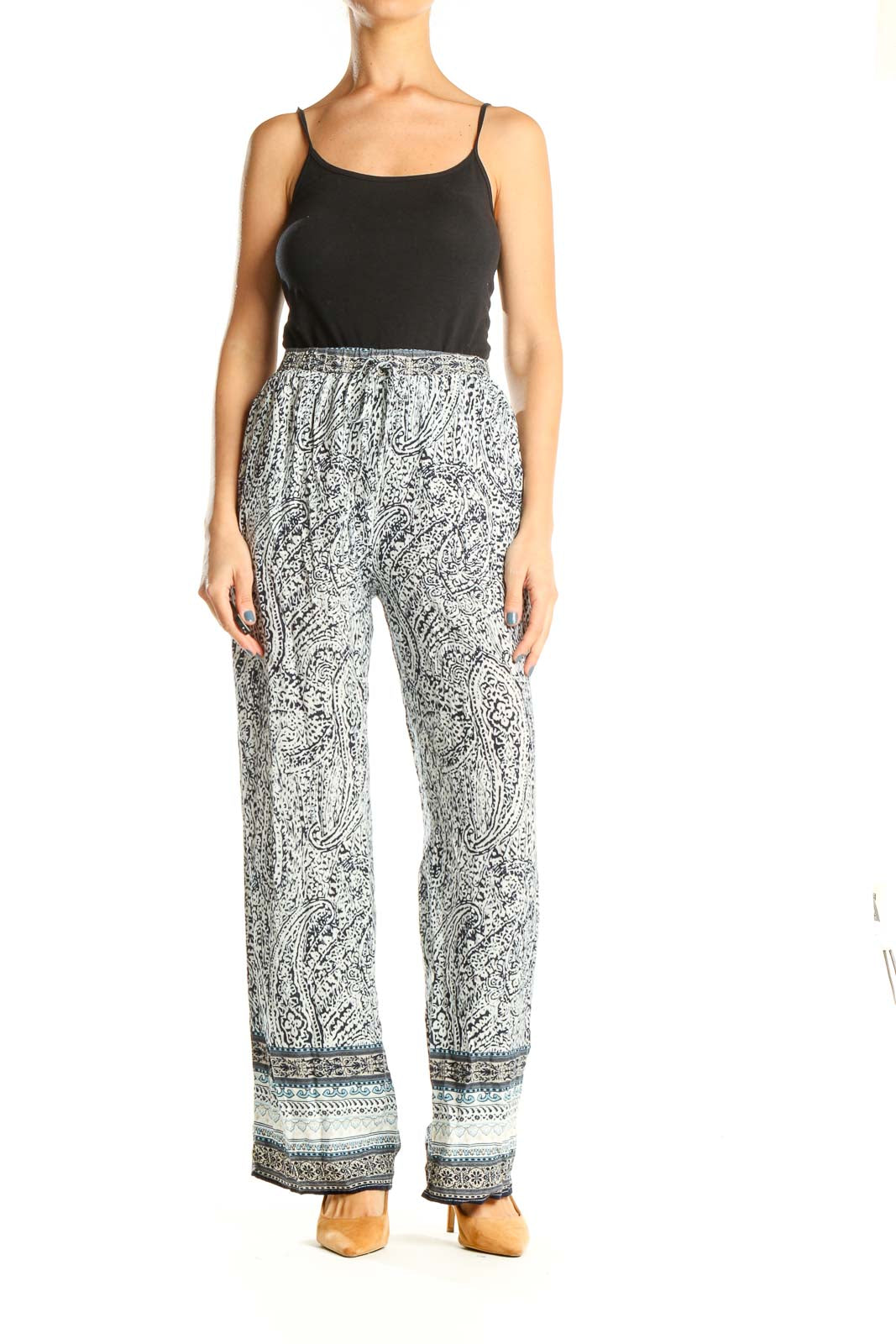 White Blue Paisley Bohemian Pants