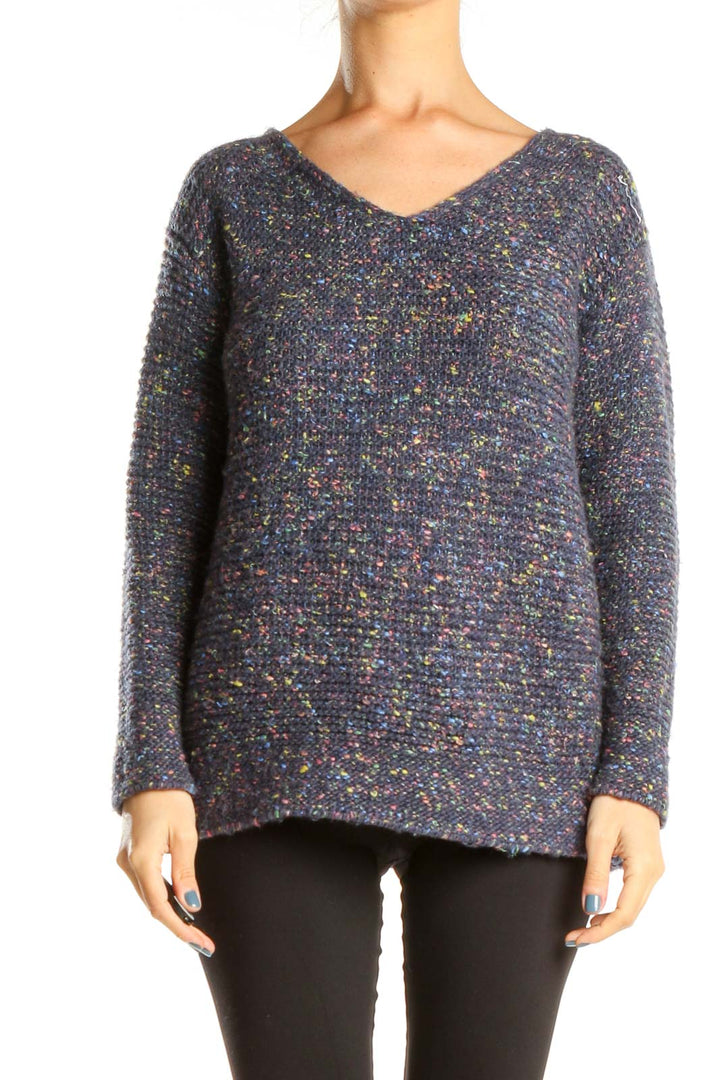 Blue Classic Sweater with Multicolor Stitching