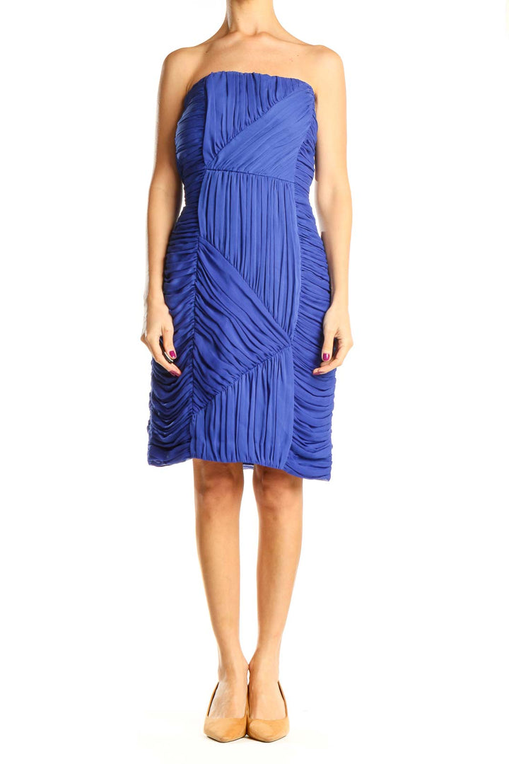 Blue Textured Retro Strapless Sheath Dress