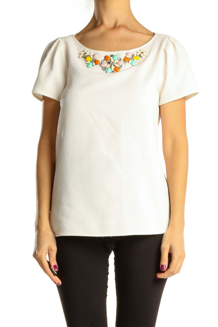 White Casual Blouse with Jewel Neckline Detail