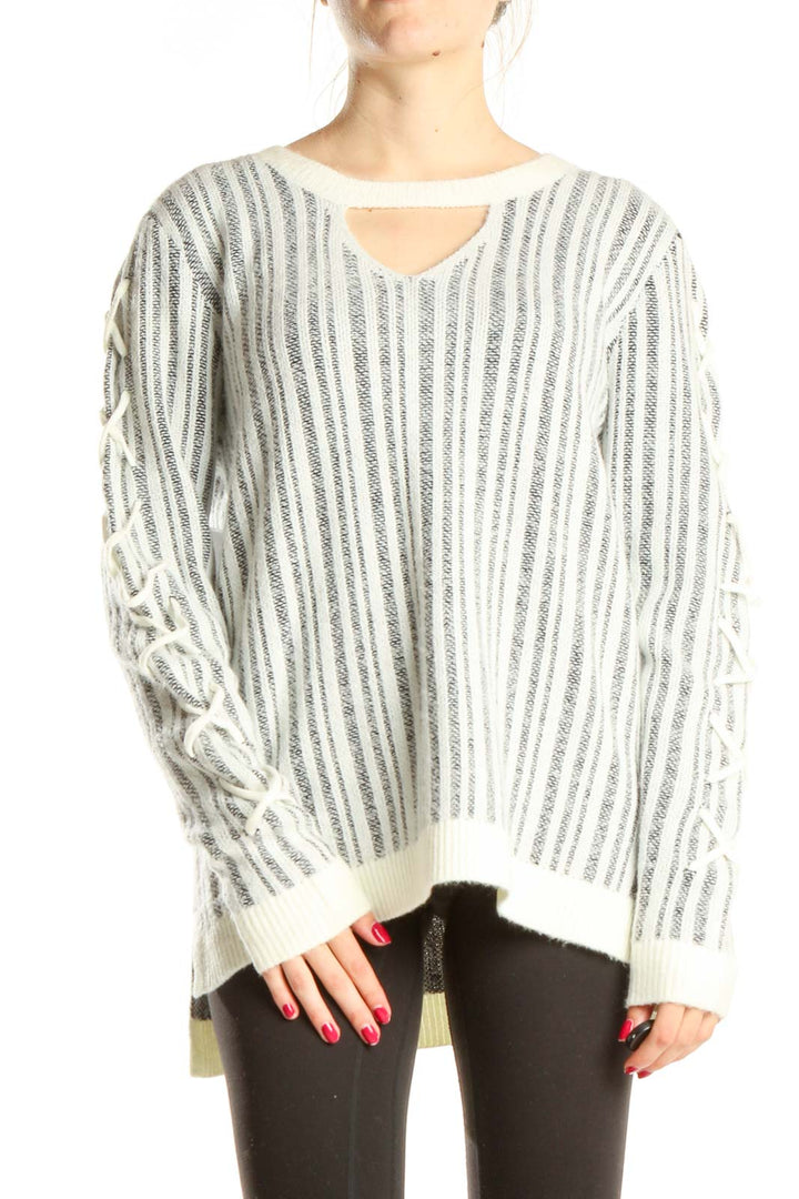 White Gray Striped Chic Sweater with Chest Cutout Detail