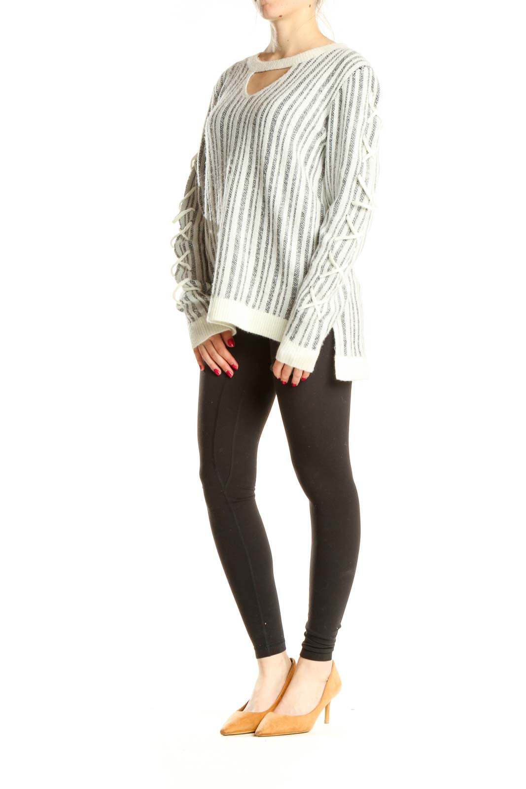 White Gray Striped Chic Sweater with Chest Cutout Detail