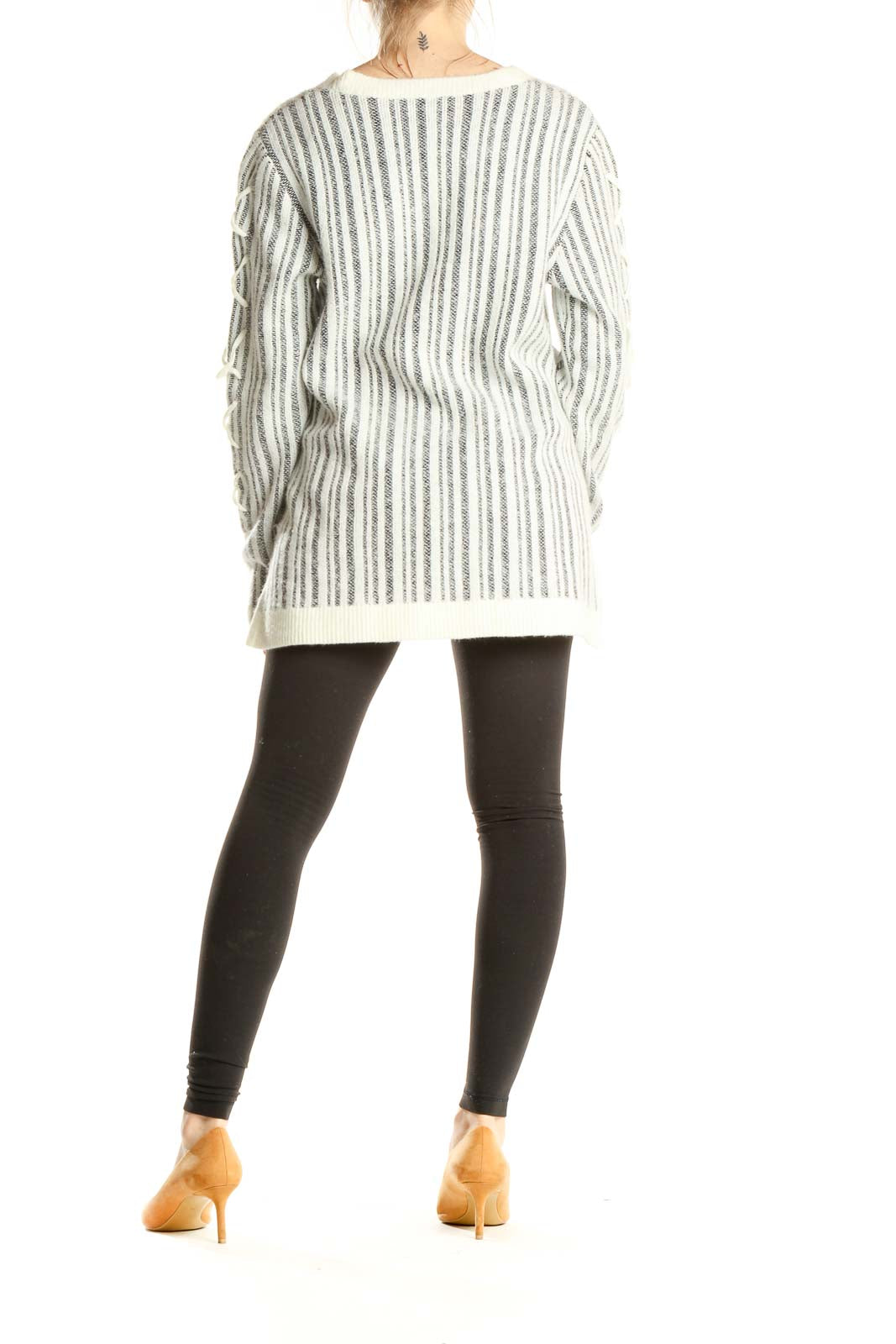 White Gray Striped Chic Sweater with Chest Cutout Detail