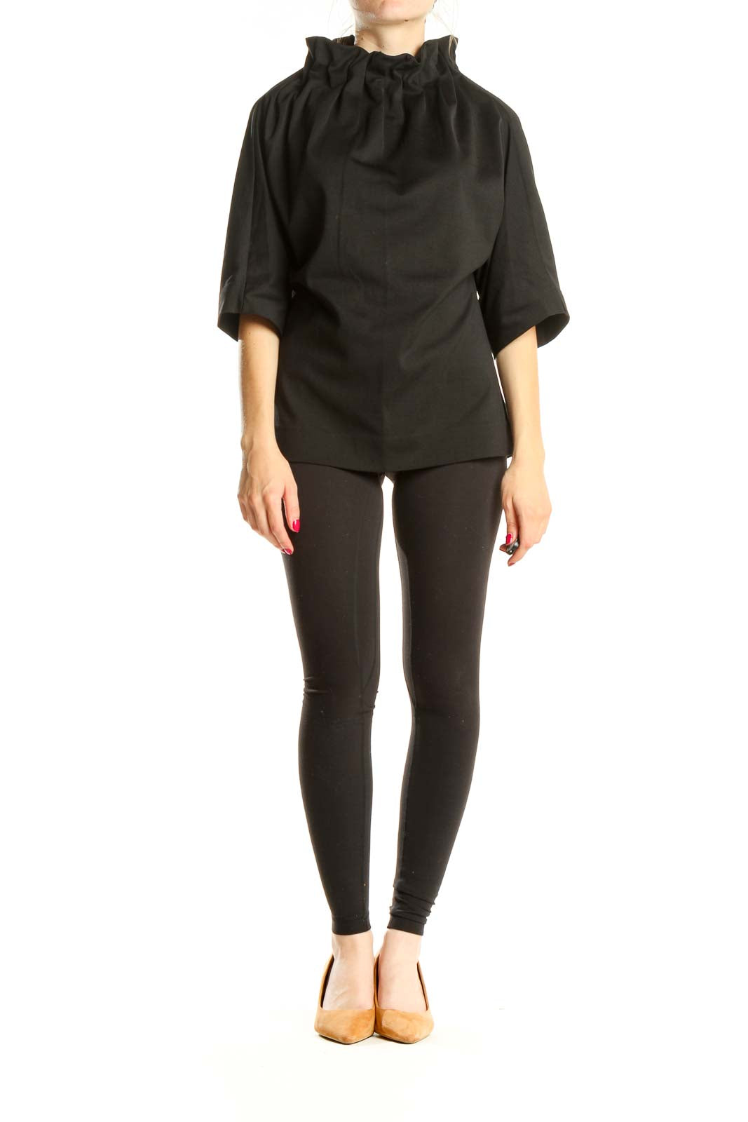 Black Structured Chic Top With Scrunch Neck Detail