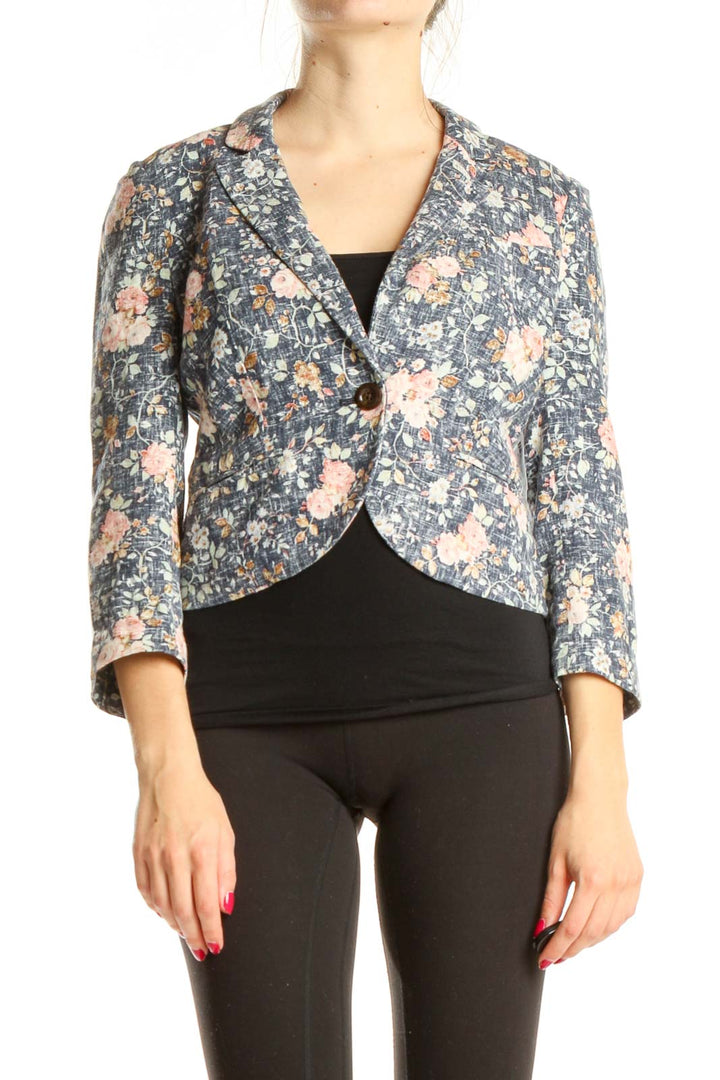 Blue Floral Print Cropped Blazer