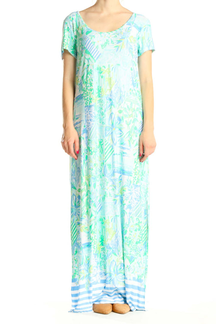 Blue Green Tropical Print Holiday Column Dress