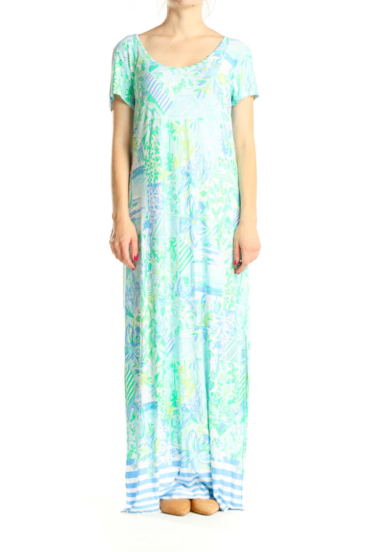 Blue Green Tropical Print Holiday Column Dress