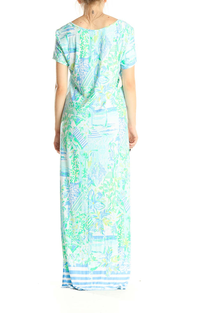 Blue Green Tropical Print Holiday Column Dress