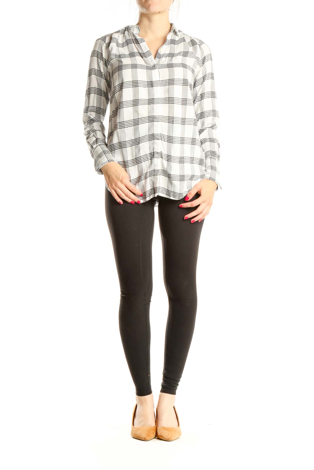 White Black Checkered Casual Top