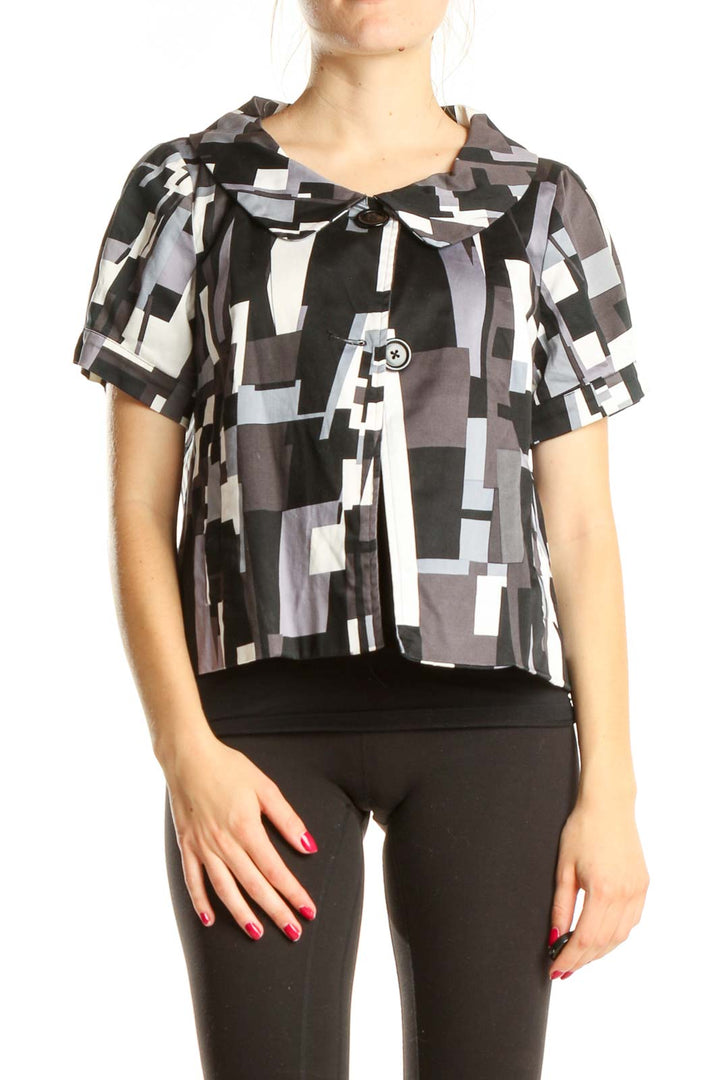 Black Gray Abstract Print Short Sleeve Jacket