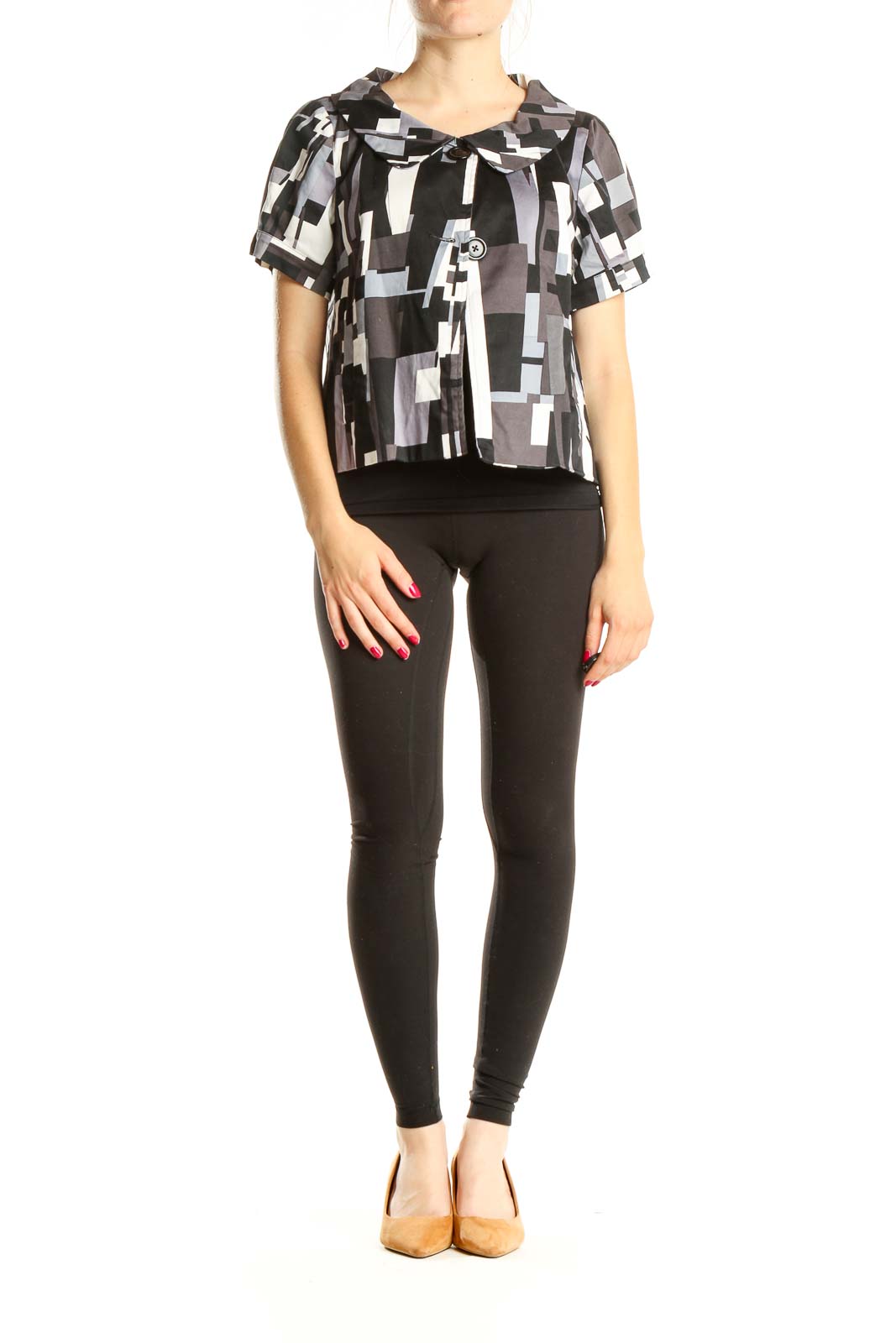 Black Gray Abstract Print Short Sleeve Jacket