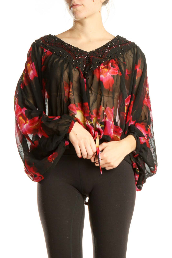 Black Sheer Floral Print Bohemian Blouse with Sequin Neckline