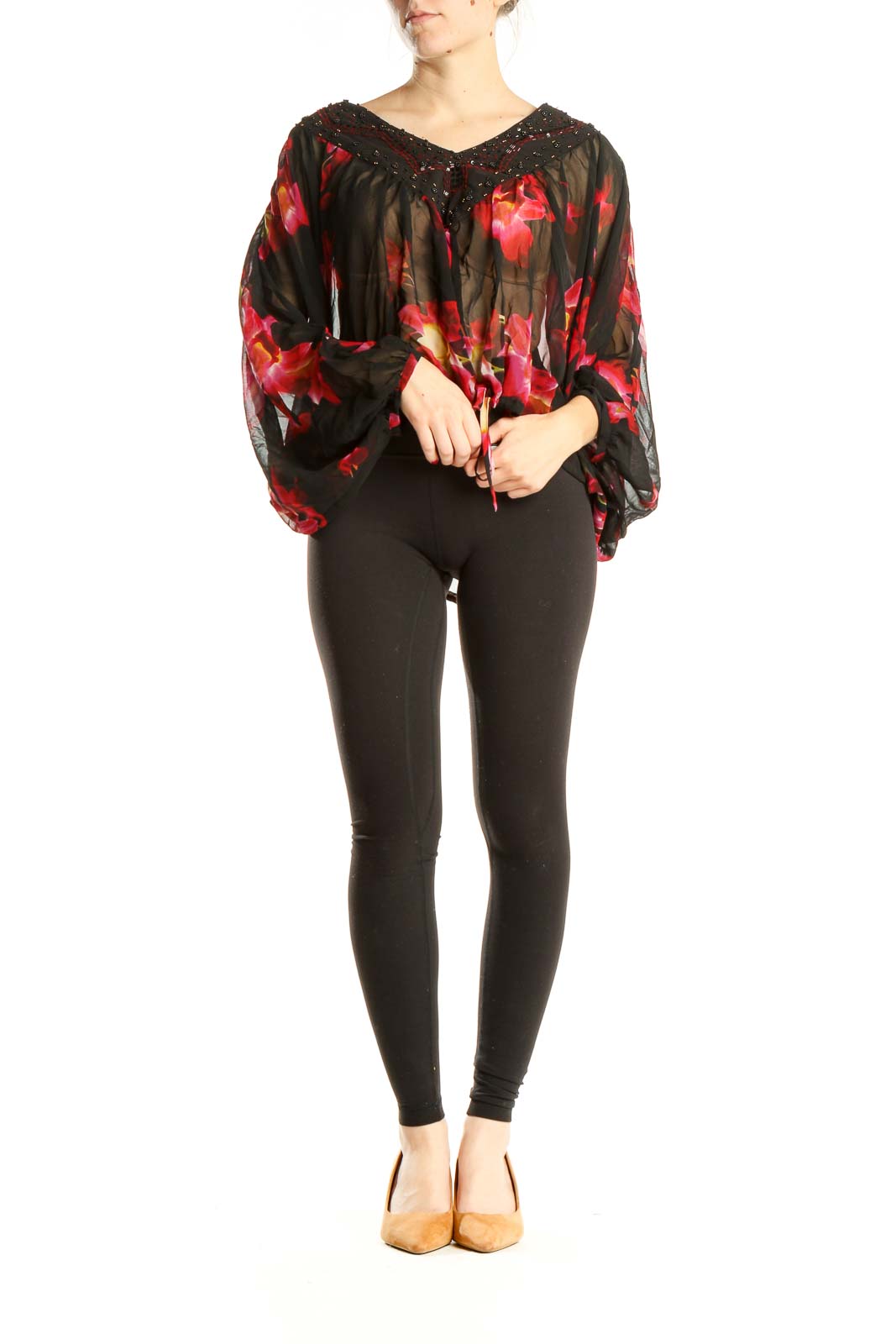 Black Sheer Floral Print Bohemian Blouse with Sequin Neckline