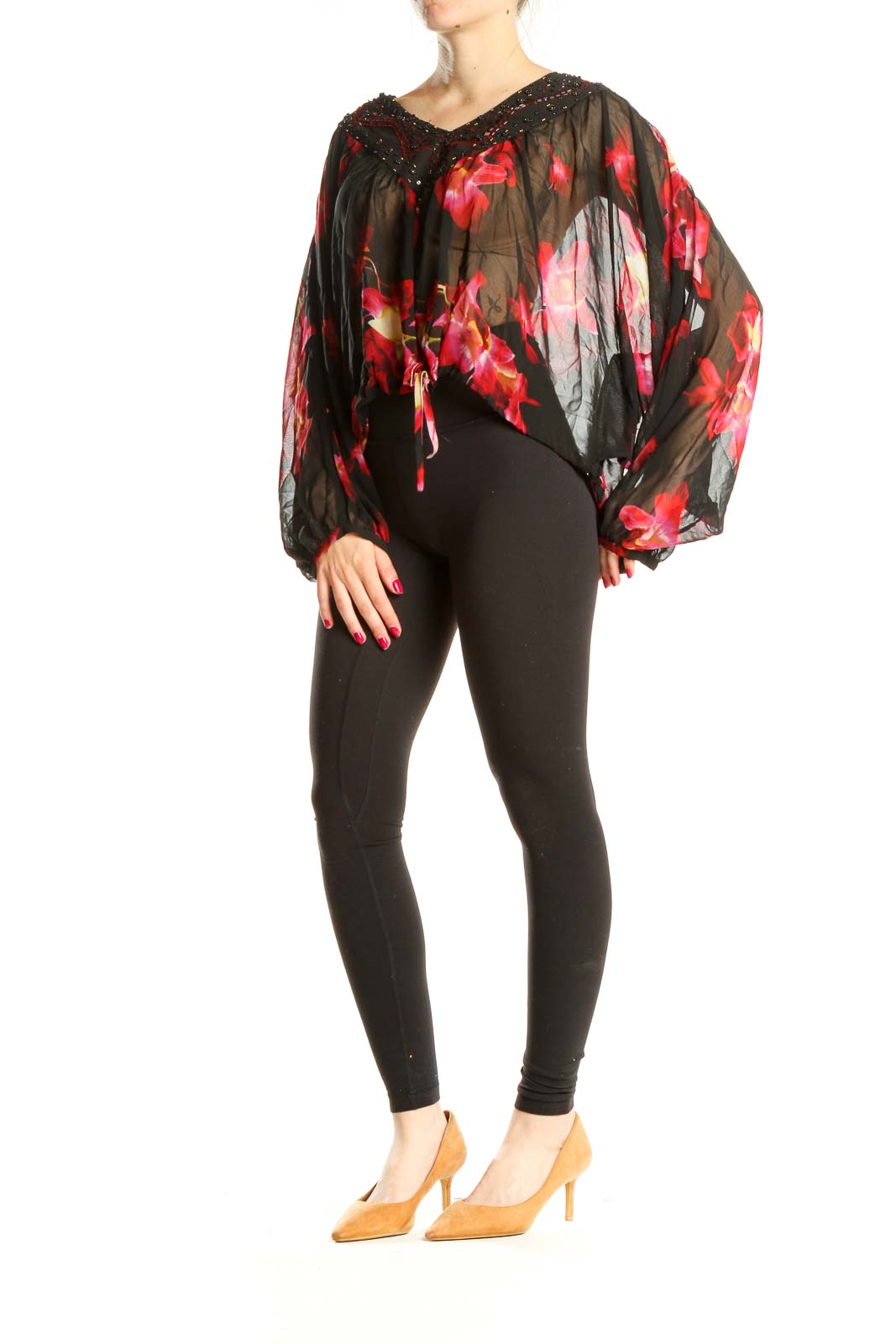 Black Sheer Floral Print Bohemian Blouse with Sequin Neckline