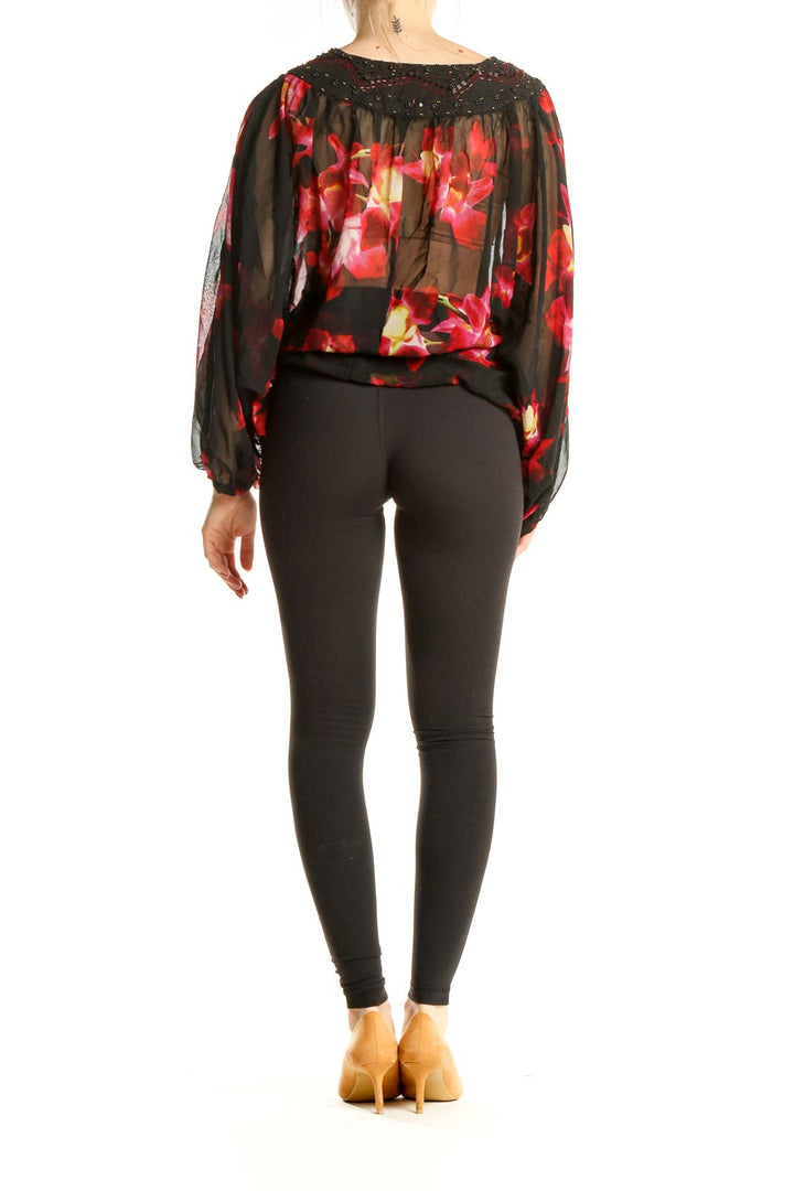 Black Sheer Floral Print Bohemian Blouse with Sequin Neckline