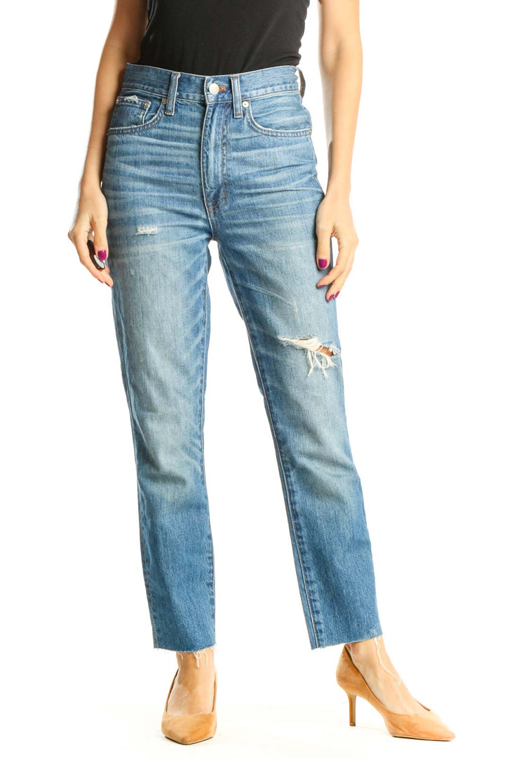 Blue Straight Leg Distressed Jeans