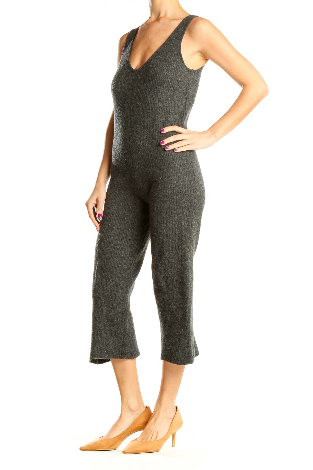 Gray Ribbed Cropped Jumpsuit