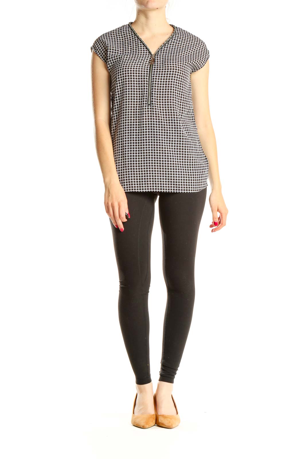 Black White Checkered Classic Blouse With Zipper Detail