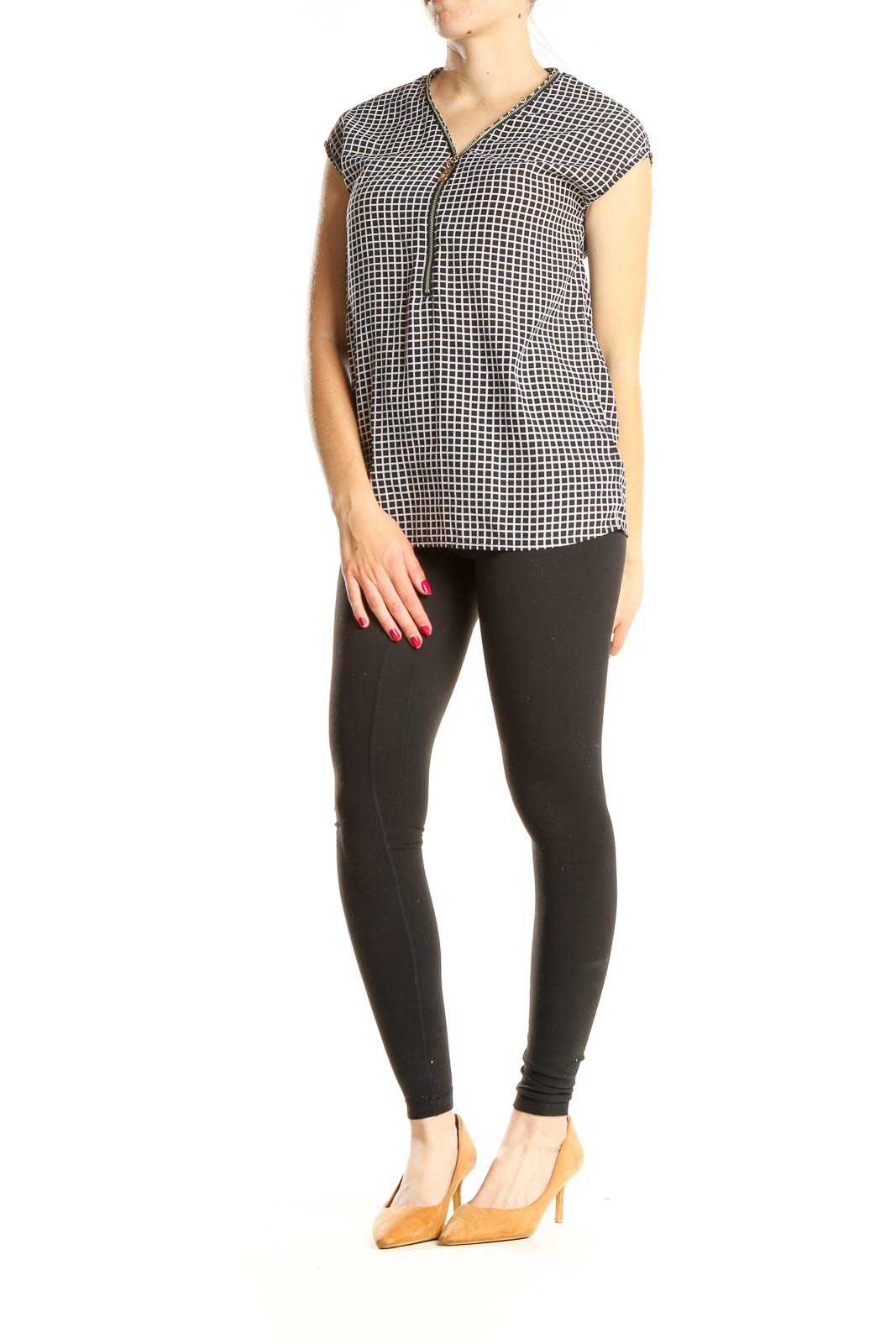 Black White Checkered Classic Blouse With Zipper Detail