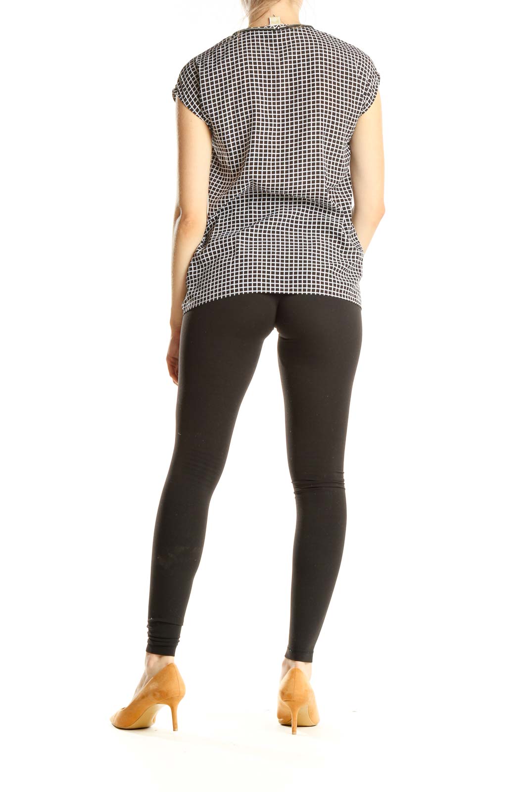 Black White Checkered Classic Blouse With Zipper Detail