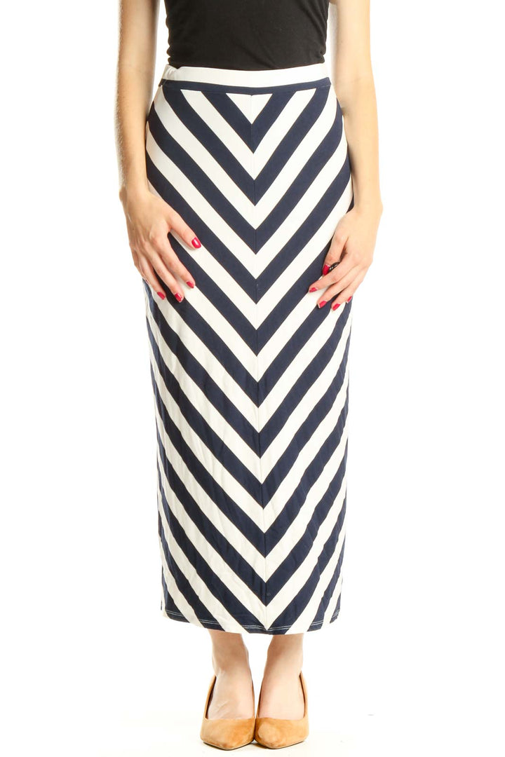 White Blue Chevron Casual Maxi Skirt