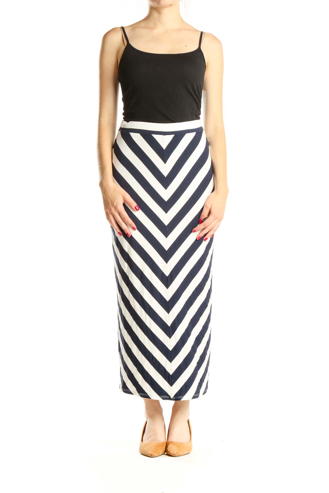 White Blue Chevron Casual Maxi Skirt