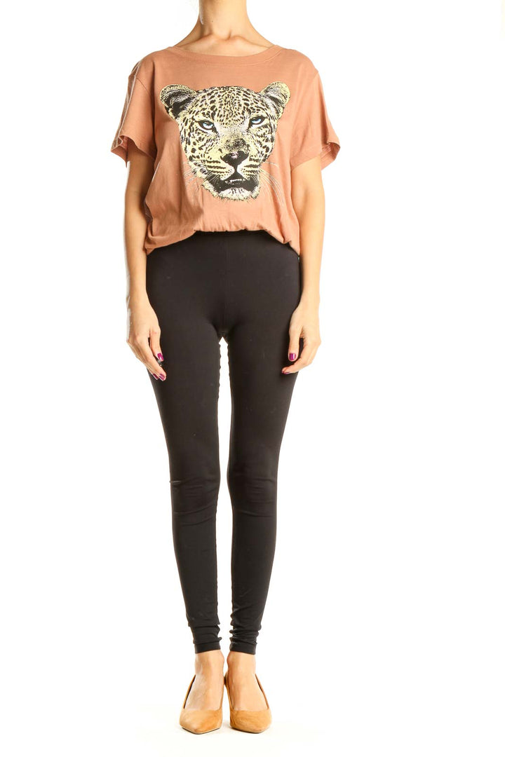 Brown Graphic Leopard Print All Day Wear T-Shirt