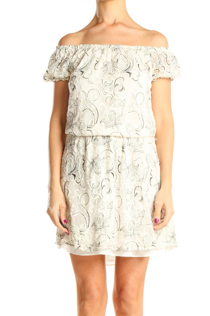 Beige Lace Off the Shoulder Day Shift Dress