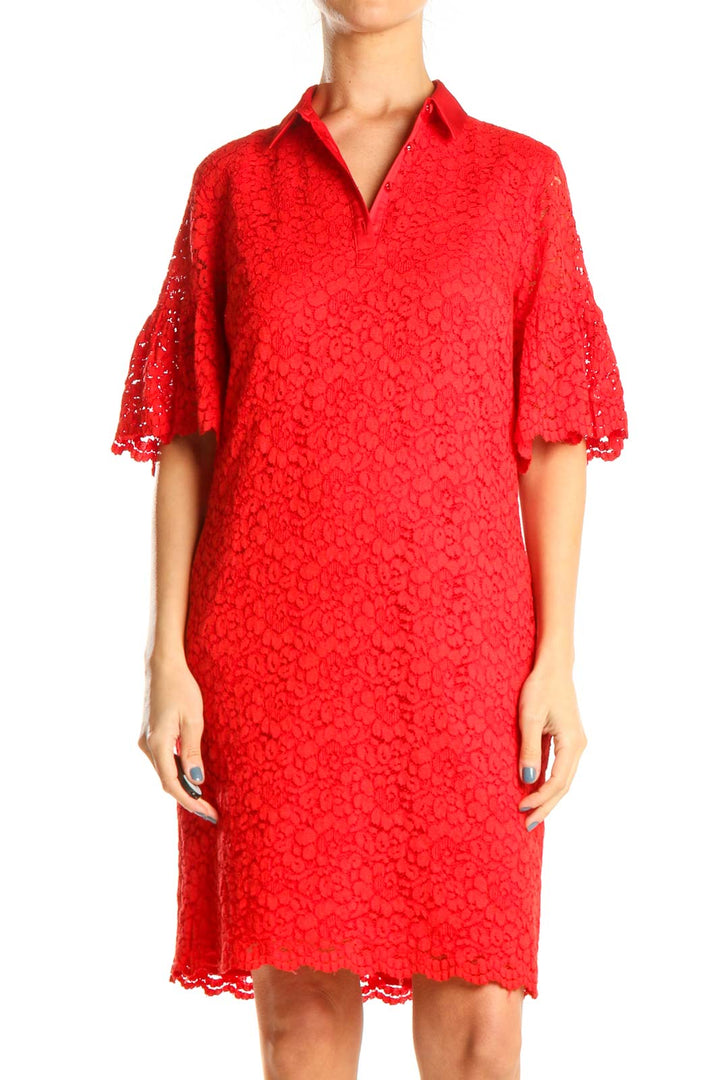 Red Lace Classic Shift Dress With Collar