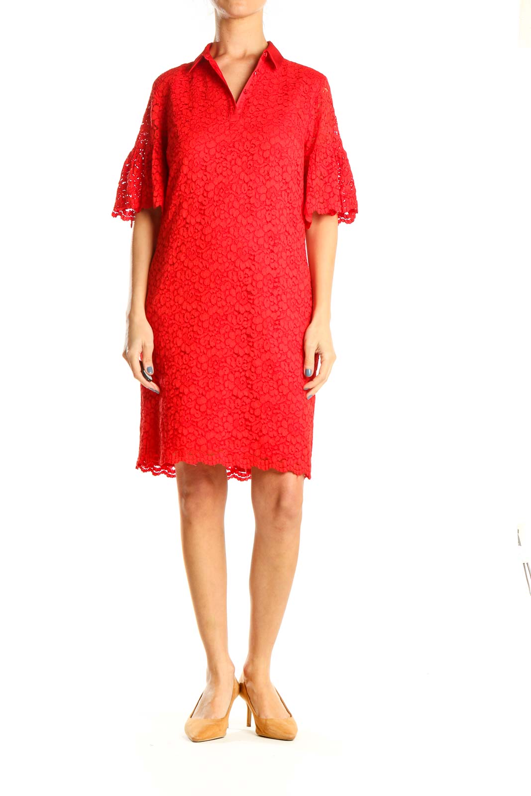 Red Lace Classic Shift Dress With Collar