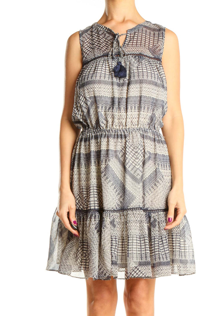 Blue Tan Aztec Print Bohemian Fit & Flare Dress