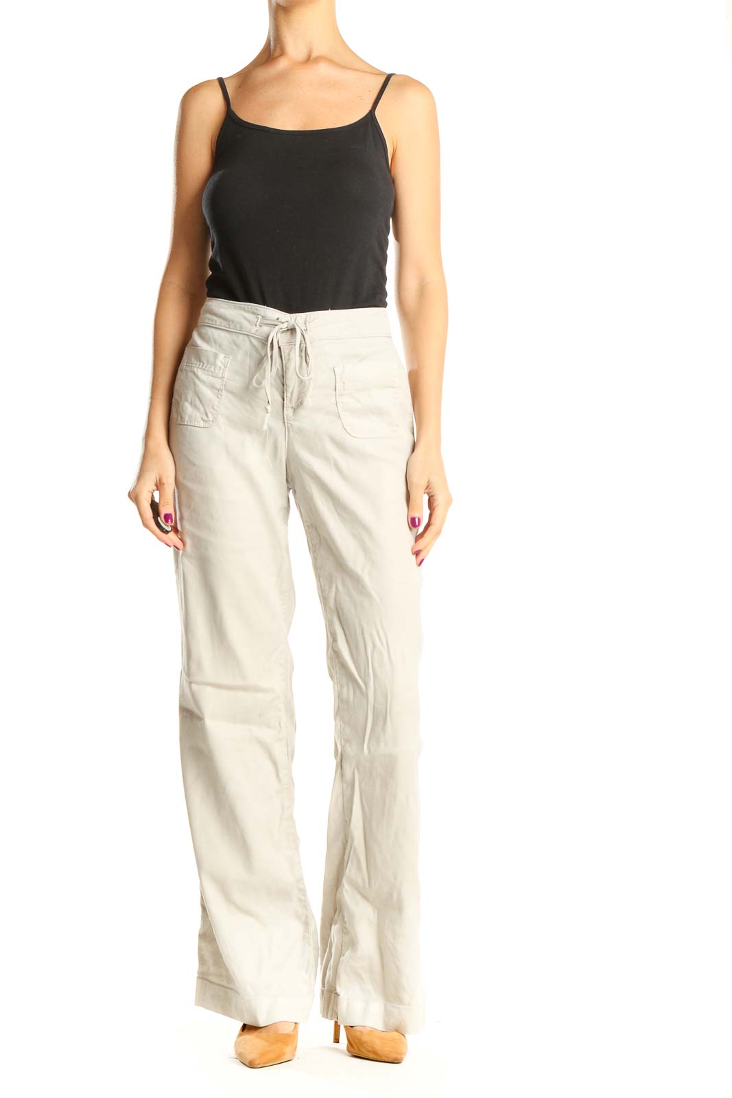 Beige Casual Tie Waist Wide Leg Pants