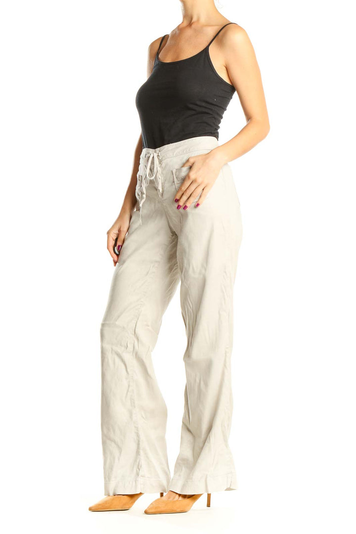 Beige Casual Tie Waist Wide Leg Pants