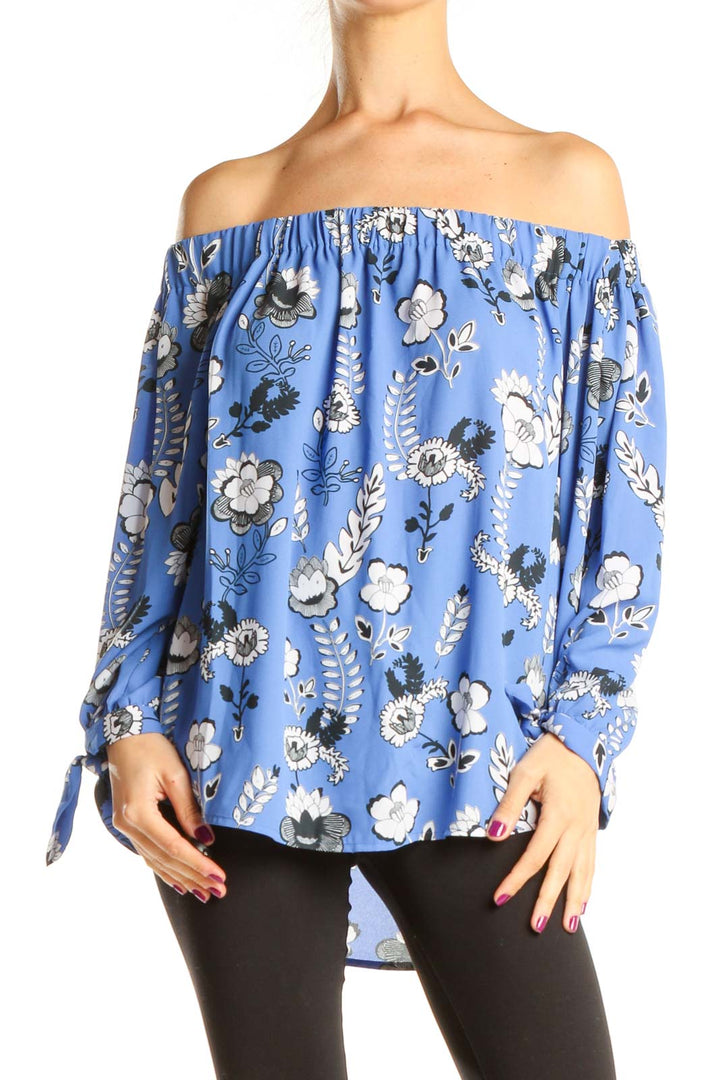 Blue Floral Print Off The Shoulder Top