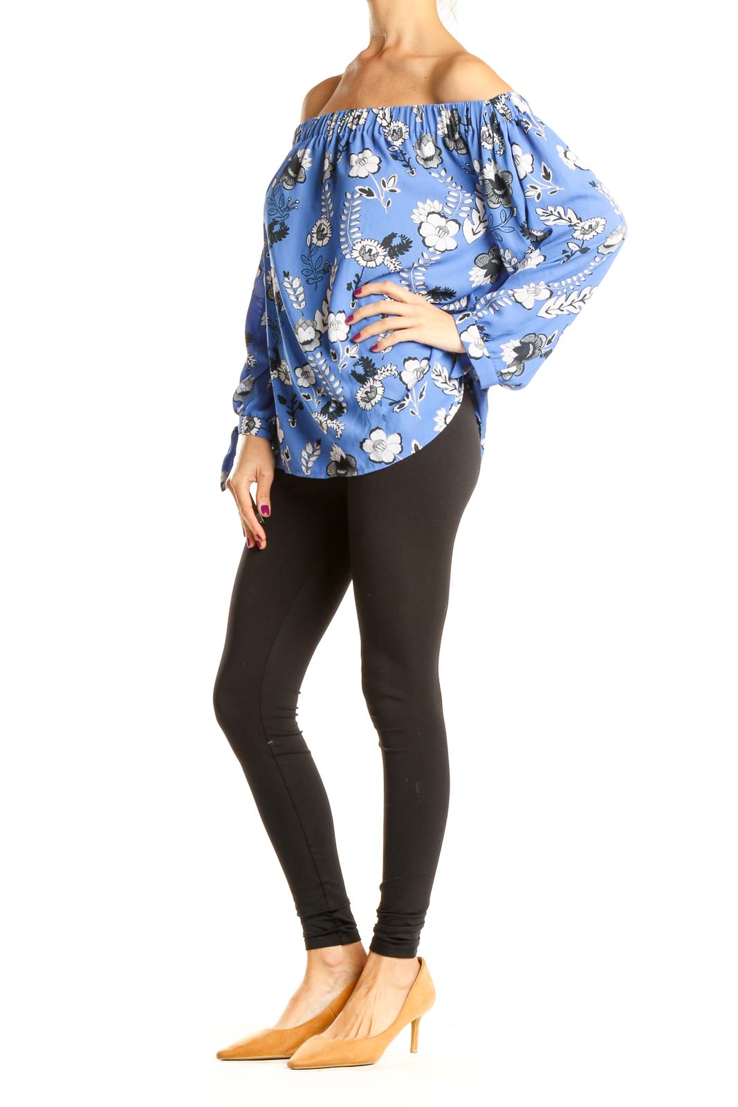 Blue Floral Print Off The Shoulder Top