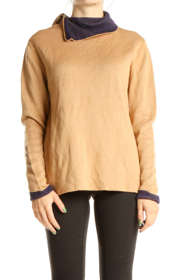 Brown Navy Casual Sweater With Zipper Neck