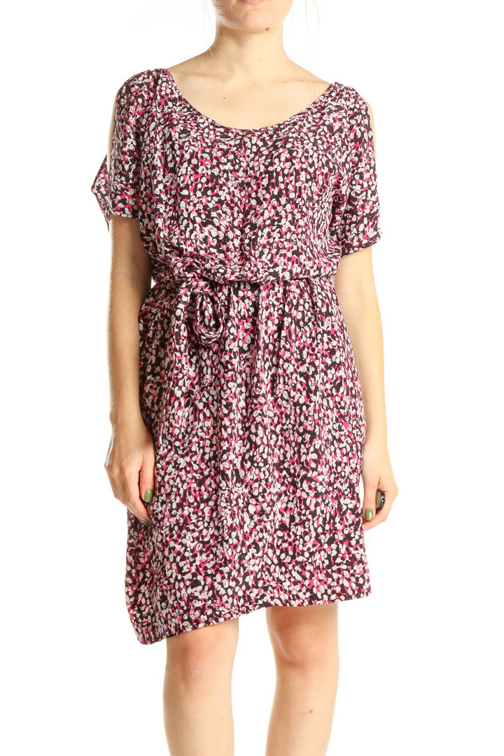 Pink Printed Casual Silk Dress With Tie Waist