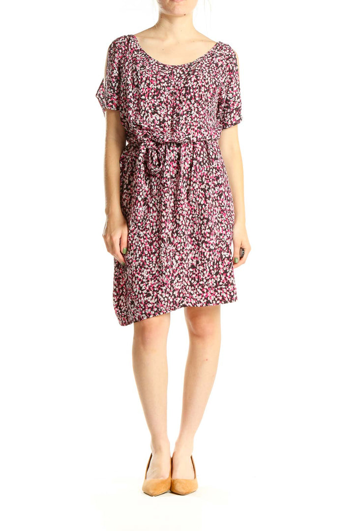 Pink Printed Casual Silk Dress With Tie Waist