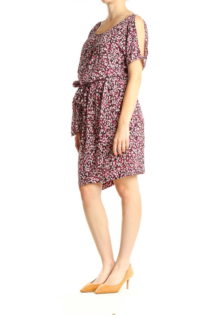 Pink Printed Casual Silk Dress With Tie Waist