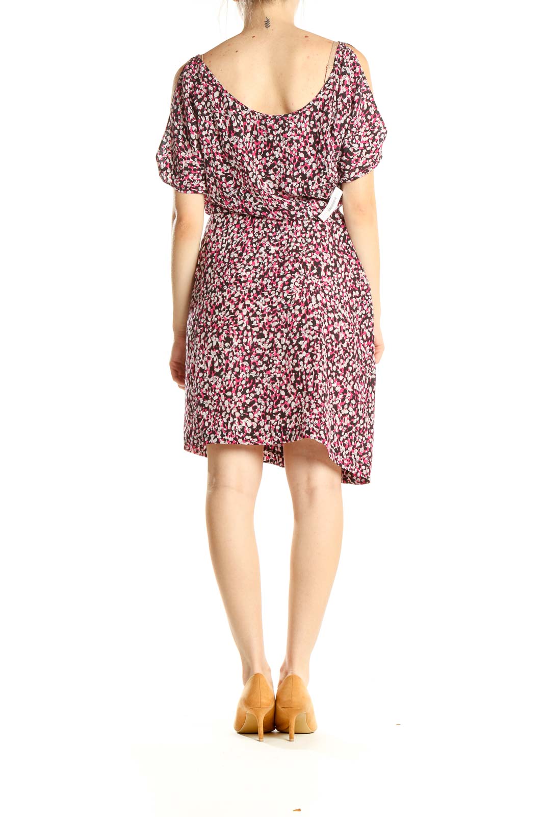 Pink Printed Casual Silk Dress With Tie Waist