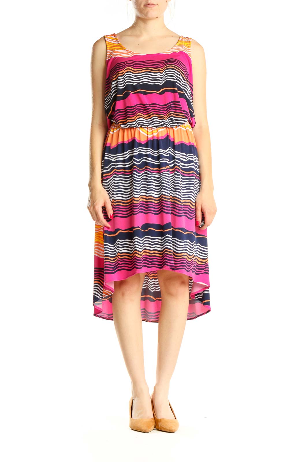 Multicolor Striped High Low Fit & Flare Dress