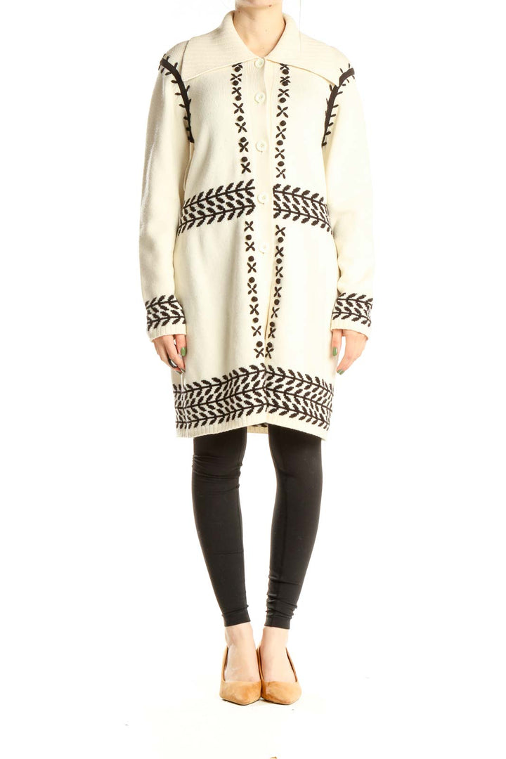 Beige Black Patterned Long Vintage Sweater