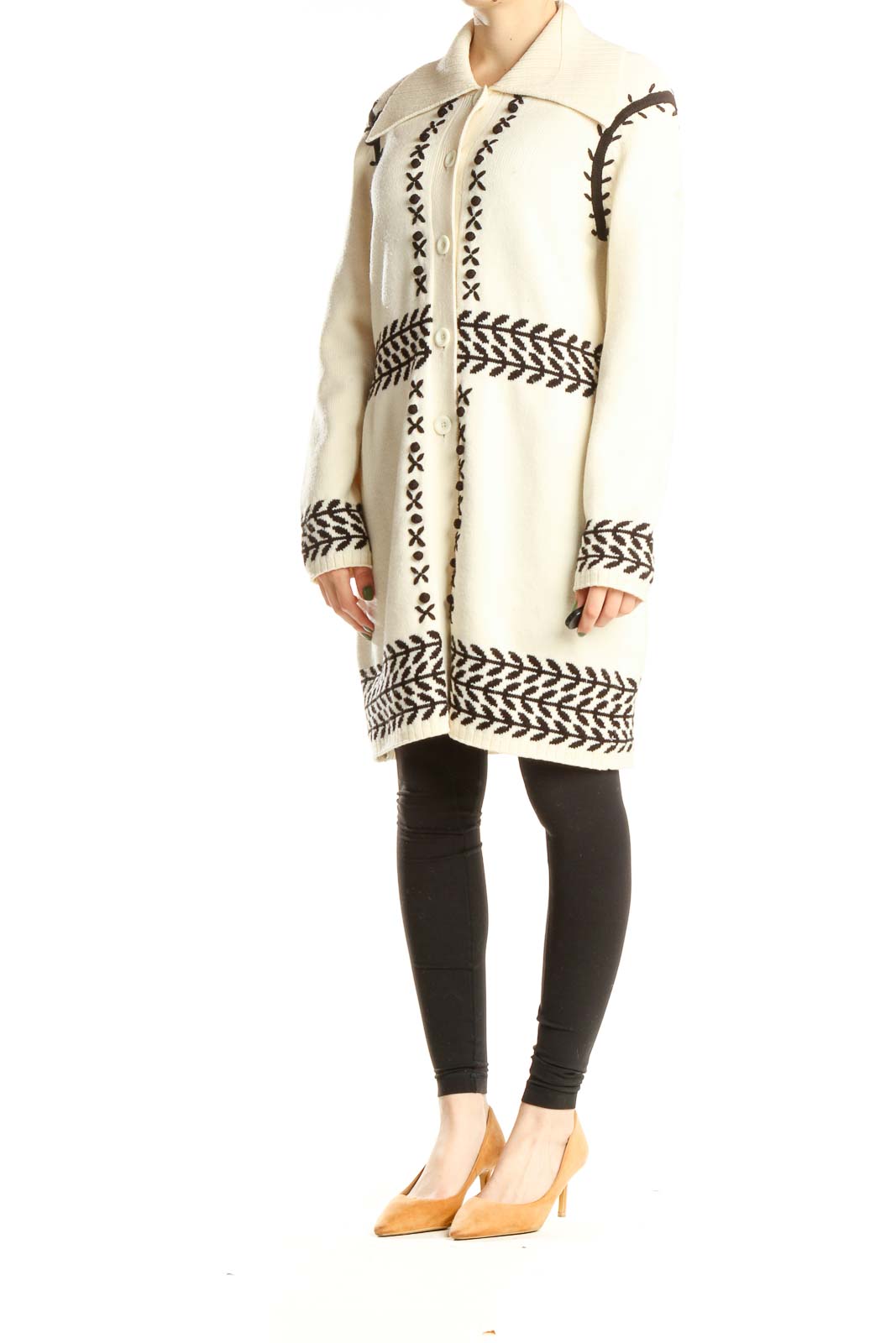 Beige Black Patterned Long Vintage Sweater