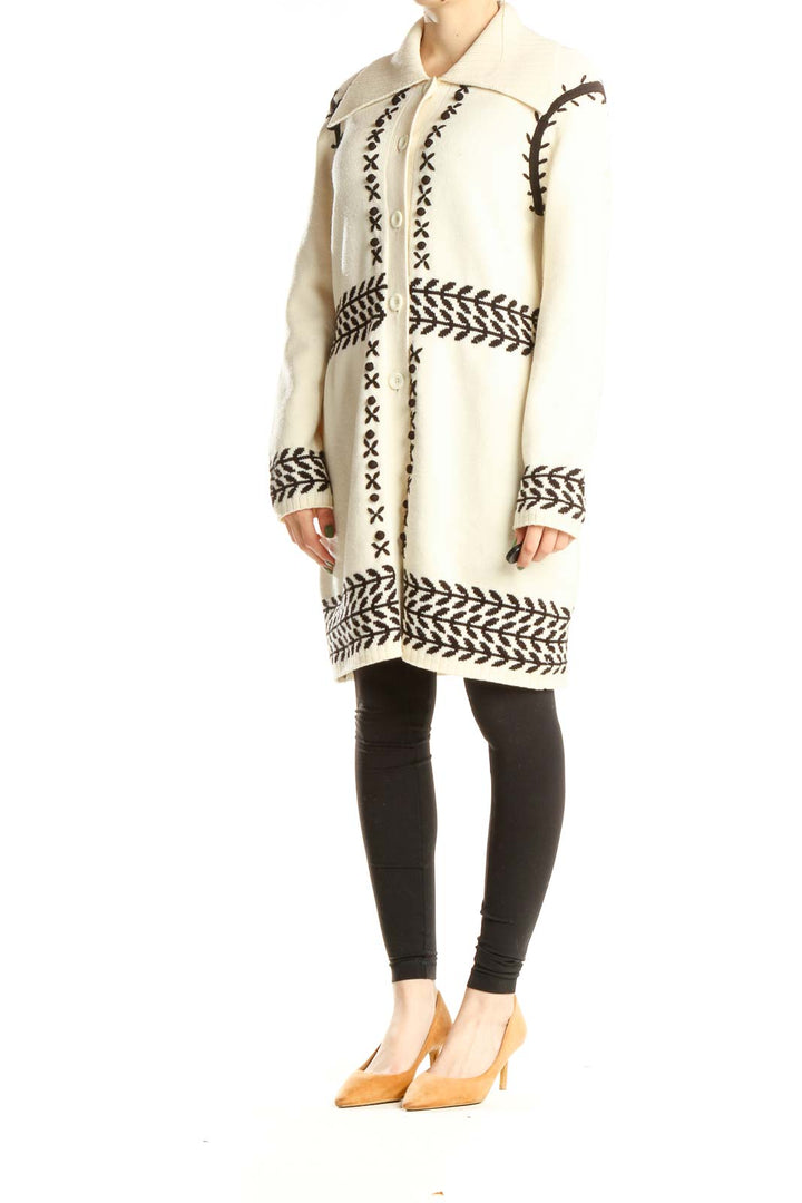 Beige Black Patterned Long Vintage Sweater