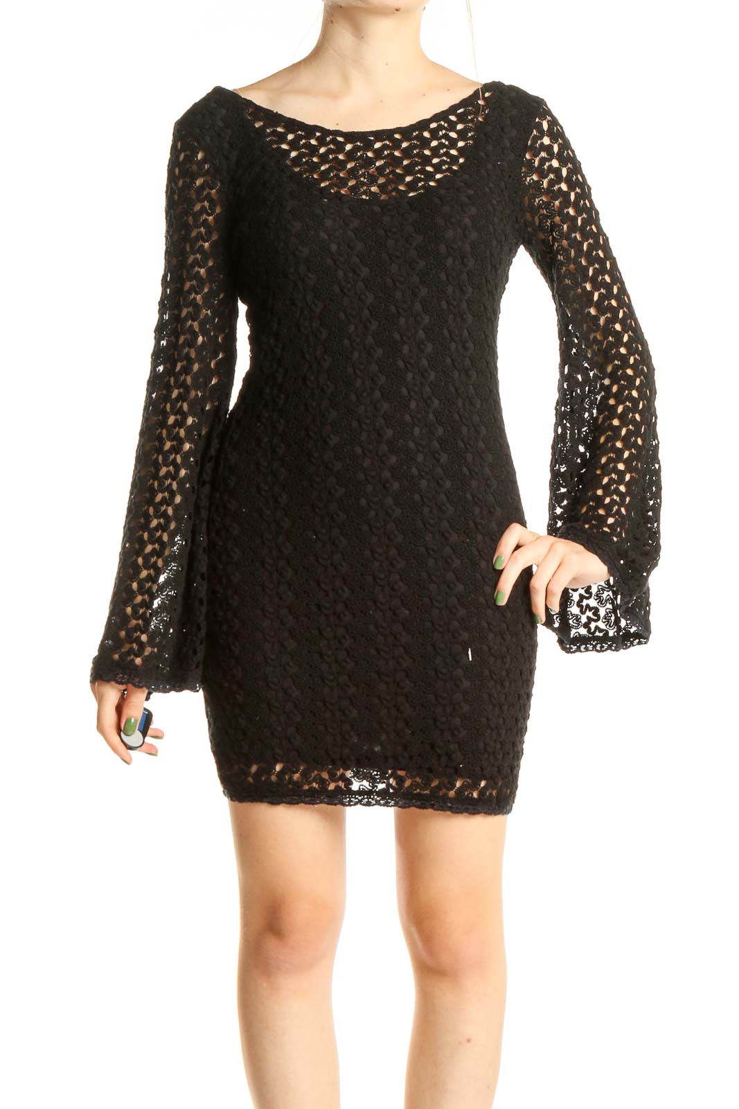 Front view of Free People black crochet mini dress with bell sleeves