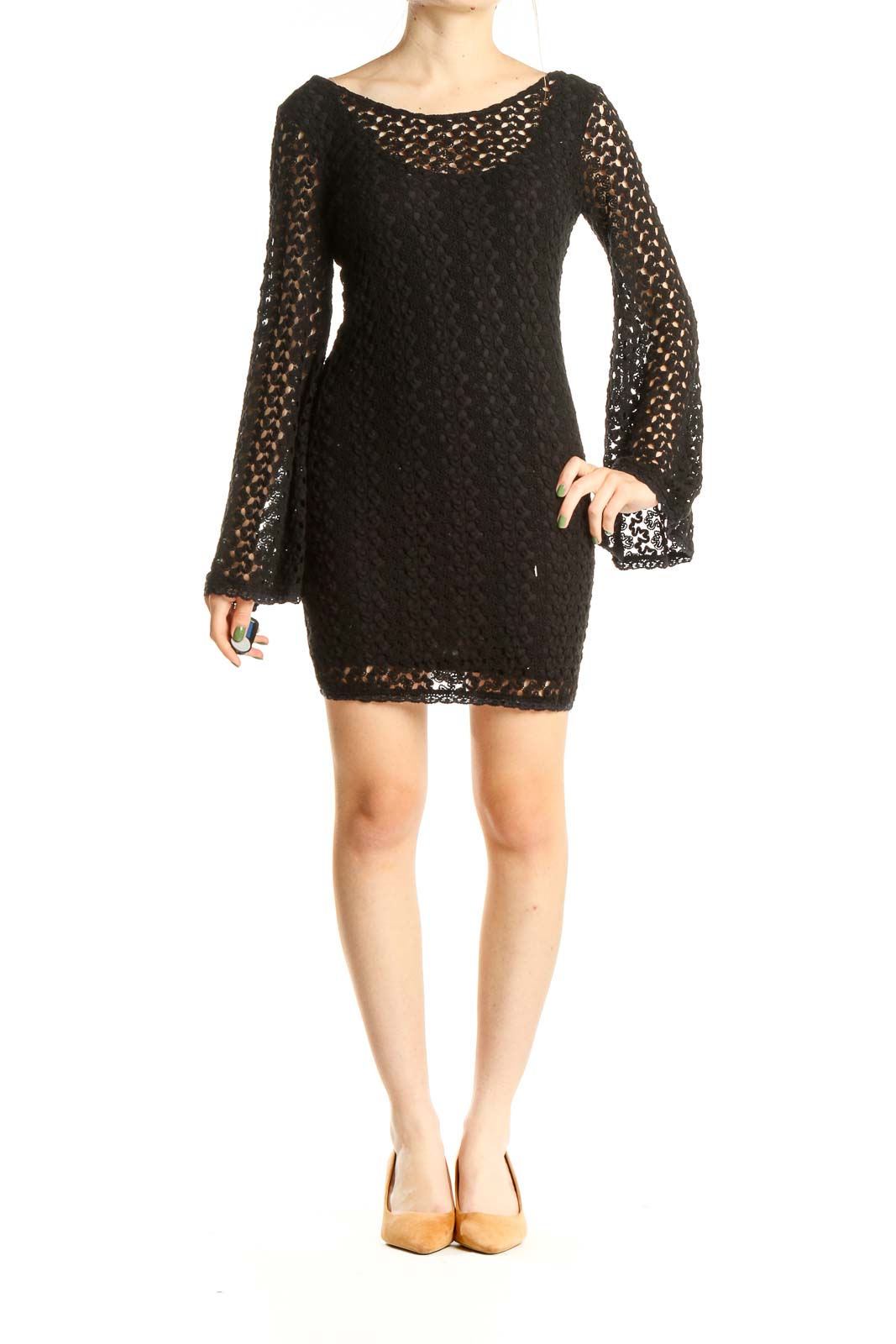 Front view of Free People black crochet mini dress with bell sleeves